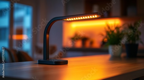 Soft glow from a modern desk lamp enhancing a cozy workspace in the evening