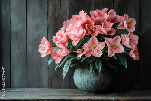 Bright and colorful ranunculus flowers arranged in a glass vase on a rustic w...