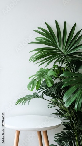 Elegant green tropical plants beside a white round table in a minimalist inte...