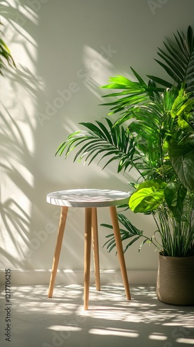 Elegant green tropical plants beside a white round table in a minimalist inte...