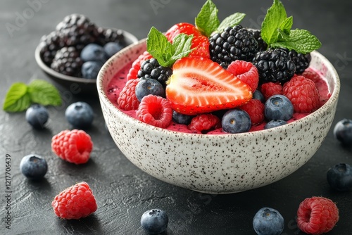 Fresh fruit smoothie bowl with strawberries, blueberries, and raspberries gar...