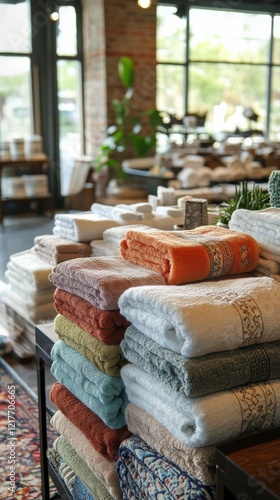 Soft towels stacked neatly on a wooden table near a sunlit window in a cozy room