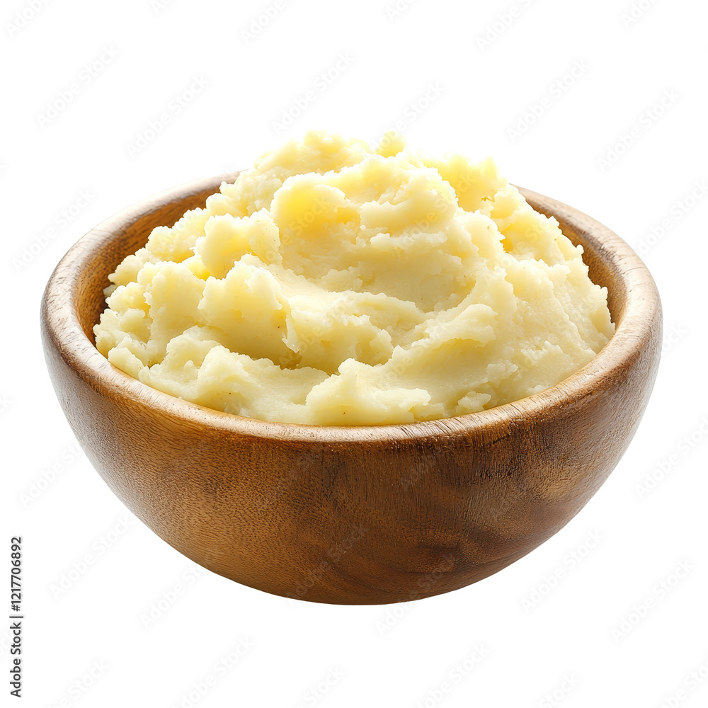 Delicious mashed potatoes served in a rustic wooden bowl against a bright transparent background, Mashed potatoes in a wooden bowl on a transparent background Delicious mashed potatoes served in a rustic wooden bowl against a bright transparent background, Mashed potatoes in a wooden bowl on a transparent background