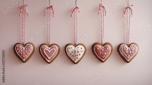 Five Delicate Heart-Shaped Gingerbread Cookies Hanging Against a Pink Background