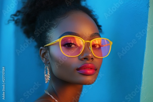 Model showcases vibrant fashion with striking neon glasses and bold makeup in...