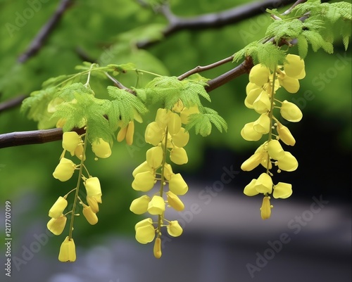 Exotically Ornamented Sophora japonica Leaf and Flower Shaft in an Old Japanese Garden photo