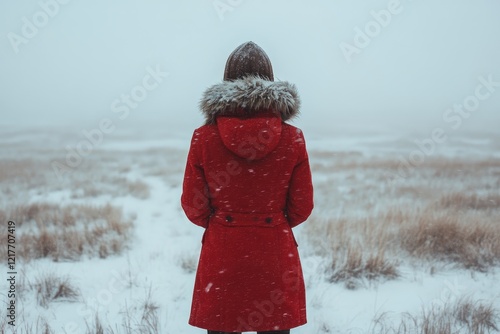 Woman in red coat walking on snowy path through winter landscape with falling...