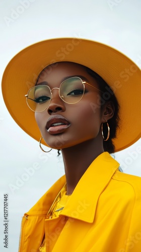 Young woman in yellow jacket and hat poses against a colorful backdrop with f...