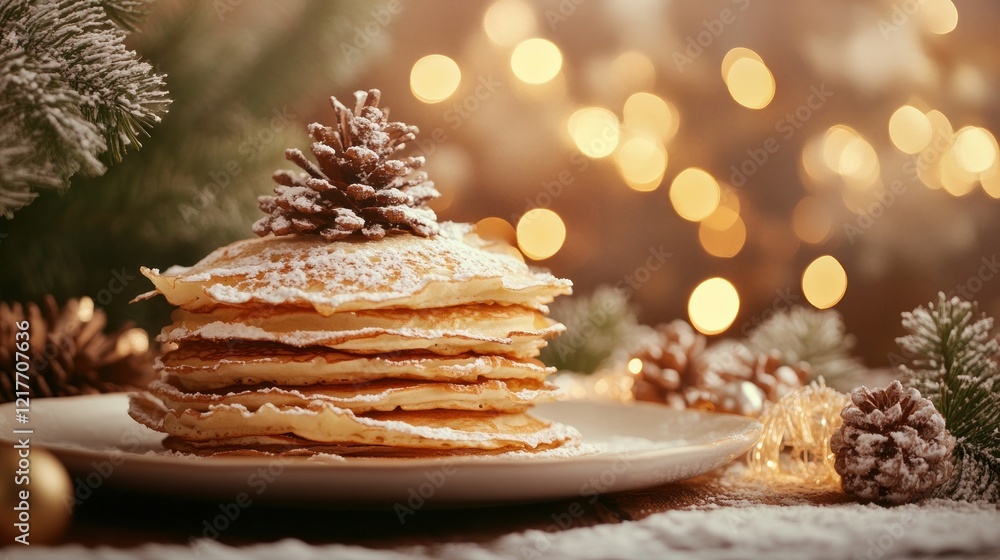 Christmas Pancakes Delight: A Festive Stack of Buttery Pancakes Topped with a Pine Cone and Powdered Sugar, Garnished with Festive Lights and Pine Branches Christmas Pancakes Delight: A Festive Stack of Buttery Pancakes Topped with a Pine Cone and Powdered Sugar, Garnished with Festive Lights and Pine Branches