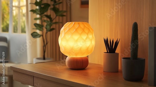 Cozy interior setup featuring warm lighting and potted plants in a serene liv...