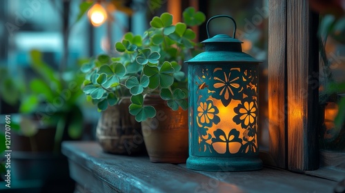 Beautiful decorative lantern placed on a wooden windowsill during sunset in a...