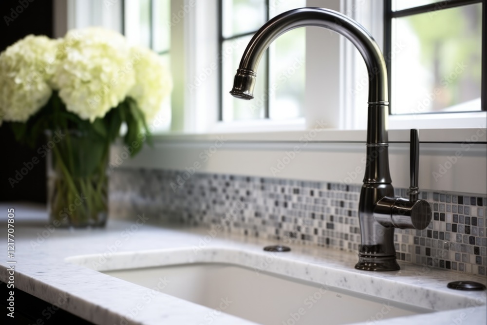 Farmhouse Kitchen Sink with Mosaic Tile Backsplash and Black Faucet on Marble Countertops and White Cabinets Farmhouse Kitchen Sink with Mosaic Tile Backsplash and Black Faucet on Marble Countertops and White Cabinets
