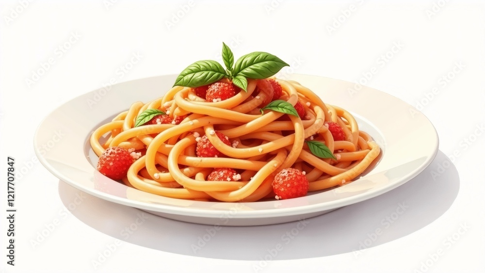 The image is a digital illustration of a plate of spaghetti. The plate is white and round, and it is placed on a white background. The spaghetti is cooked al dente and is covered in a tomato sauce. The image is a digital illustration of a plate of spaghetti. The plate is white and round, and it is placed on a white background. The spaghetti is cooked al dente and is covered in a tomato sauce.