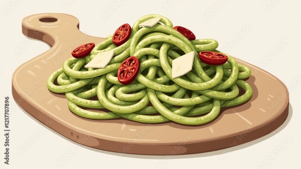 The image is an illustration of a wooden cutting board with a pile of spaghetti on it. The spaghetti is green in color and appears to be freshly cooked.