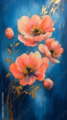 Vibrant bouquet of blooming peonies against a rich blue background in artisti...