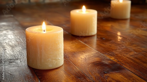 Soft candlelight illuminates a wooden table creating a warm, inviting atmosphere