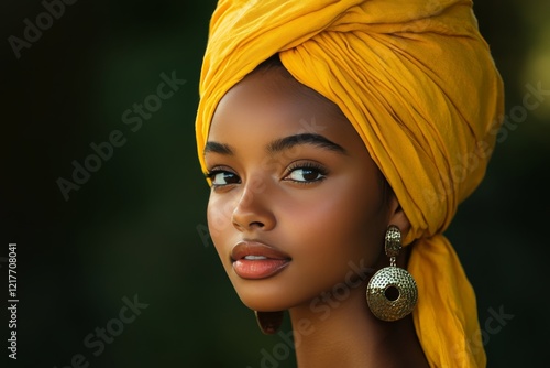 Beautiful woman wearing a yellow head wrap and intricate earrings against a n...