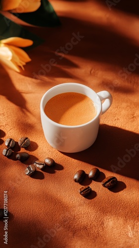 Coffee cup surrounded by roasted beans on a warm surface in sunlight