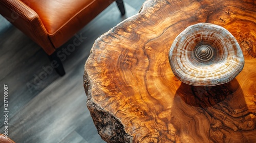 Smooth wooden table with brown leather chair and decorative bowl in modern in...