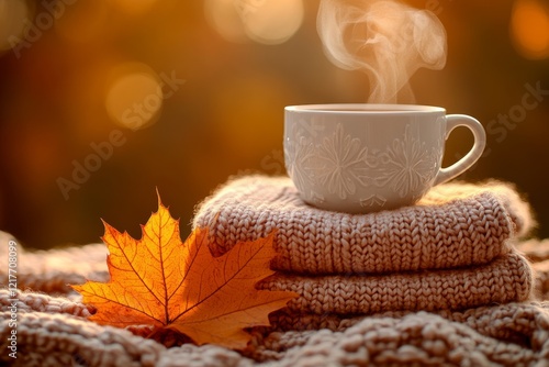 Cozy autumn setting with a steaming cup of coffee on warm knitted blankets