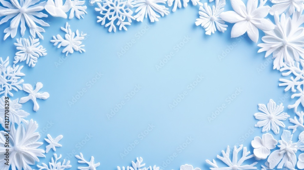 Winter Wonderland Frame - White snowflake and flower shapes arranged in a frame on a light blue background. Perfect for winter holiday designs. Winter Wonderland Frame - White snowflake and flower shapes arranged in a frame on a light blue background. Perfect for winter holiday designs.