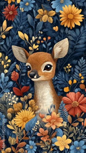 Brightly colored deer among vibrant flowers in a whimsical forest setting
