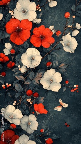 Red roses and white blossoms elegantly arranged on a wallpaper background