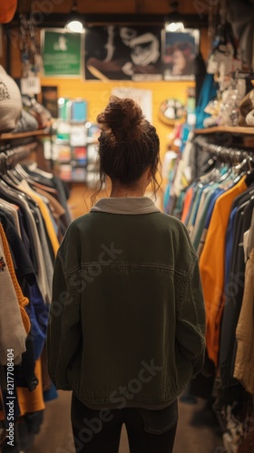 Young woman browsing vintage clothing in a cozy thrift store