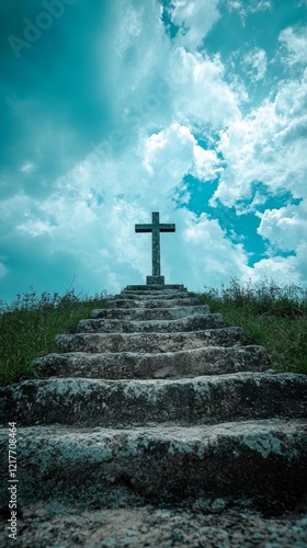 Stairway leading to a cross against a dramatic sky at a serene location
