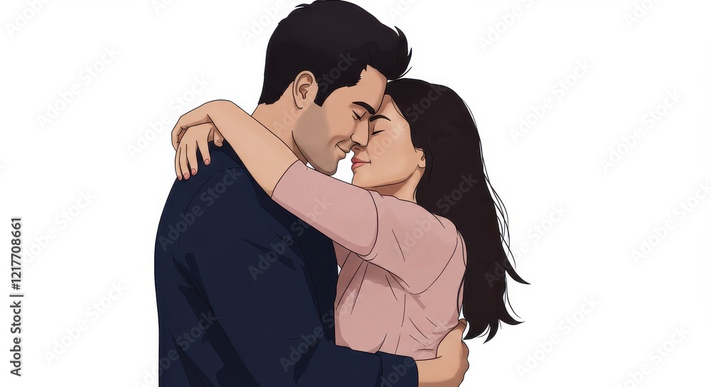 A stylized illustration of a couple embracing each other the man has short hair and the woman has long, dark hair they are both facing each other and hugging each other valentine's day love couple A stylized illustration of a couple embracing each other the man has short hair and the woman has long, dark hair they are both facing each other and hugging each other valentine's day love couple