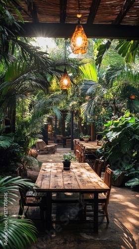 Outdoor dining area surrounded by lush greenery and warm lighting in a tranqu...