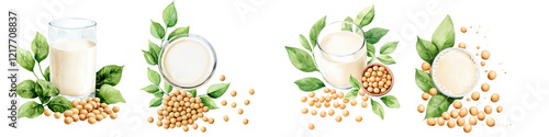 Watercolor  of Soy Milk and Soybeans
