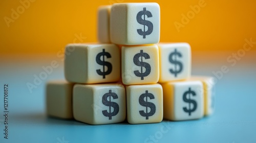 Stacked money blocks showcasing dollar signs on a pastel background with soft...