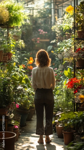 Botanical garden setting with a young woman exploring vibrant plant life in n...