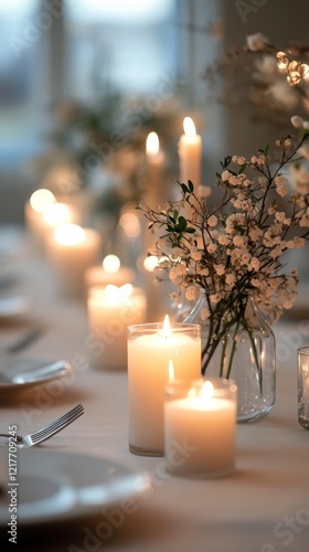 Elegant dinner table adorned with candles and fresh flowers in a cozy restaur...