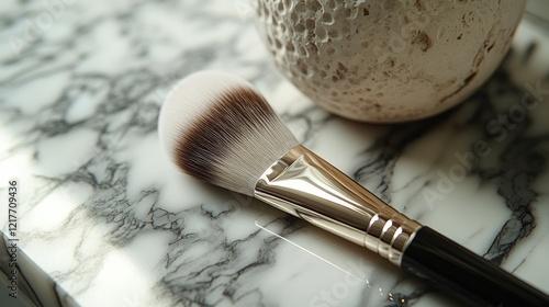 Soft makeup brush resting on a marble surface with beautiful texture and colo...