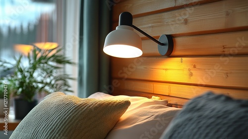 Cozy bedroom with modern decor and soft lighting near city skyline at dusk