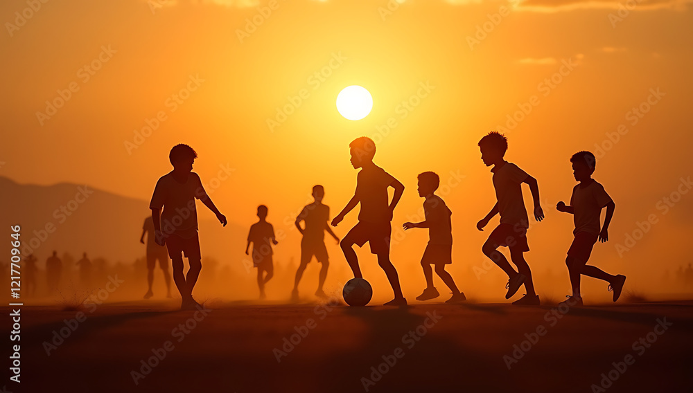 Silhouetted of children playing soccer at sunset Silhouetted of children playing soccer at sunset