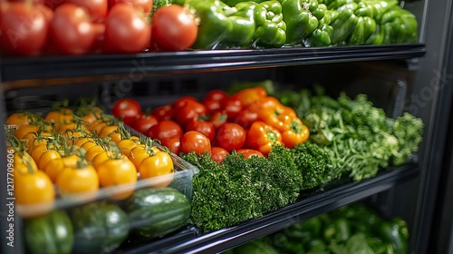 Fresh vegetables and fruits organized neatly in refrigerator for healthy meal...