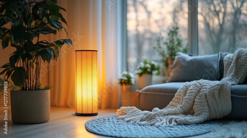 Cozy living room with soft lighting and plants during golden hour in a tranqu...