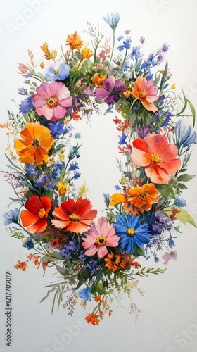Colorful floral wreath featuring various blooms on a light background for dec...