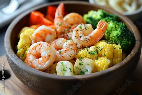 Colorful seafood bowl featuring shrimp, fish, and vegetables prepared for a f...