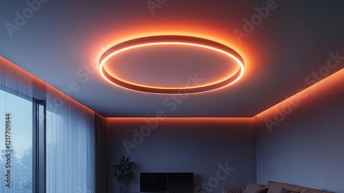 Modern living room design featuring orange circular ceiling lights in a styli...