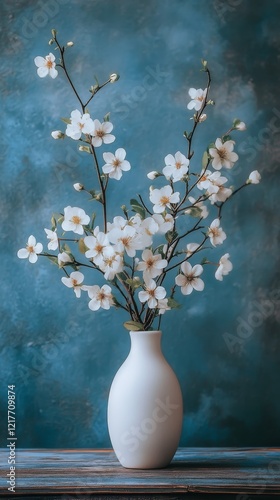 Elegant white flowers arranged in a vase against a textured blue background