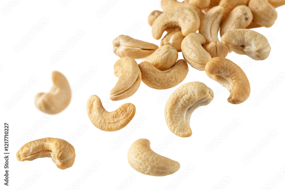 Falling cashew nuts isolated on transparent or white background Falling cashew nuts isolated on transparent or white background