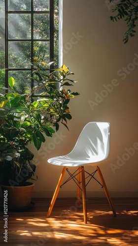 Elegant green tropical plants beside a white round table in a minimalist inte...