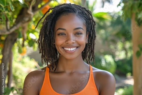Smiling woman with curly hair poses outdoors in a natural setting during dayl...