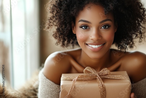 Woman smiling while holding a gift box on a pink background during a holiday ...