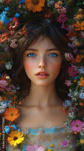 Woman surrounded by vibrant flowers with striking blue eyes captured in a ser...