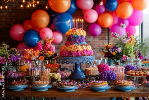 Celebratory birthday cake with candles surrounded by vibrant balloons at a fe...